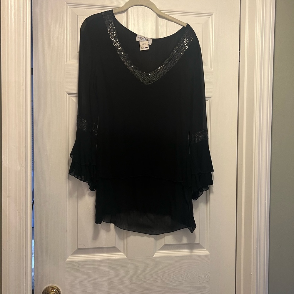 DosSena Milano Sheer Black Blouse with sequins down V Neck Size S NWT $55
